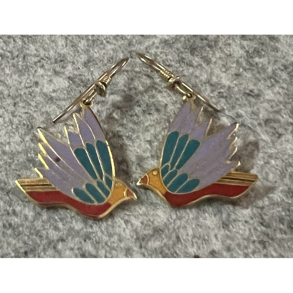 Laurel Burch Celeste Heart Red Teal Earrings Vtg